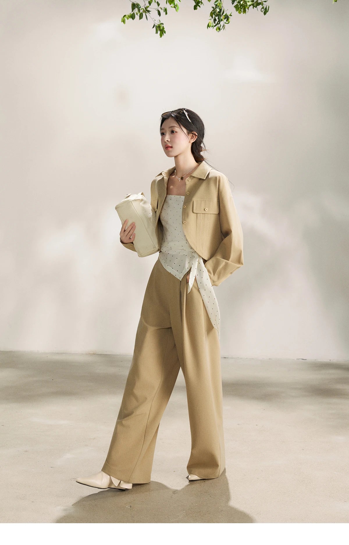 MISHOW Women's Khaki Three-Piece Set Spring Cropped Lapel Short Jacket Irregular Polka Dot Vest Wide Leg Pants Set MXF13T1478