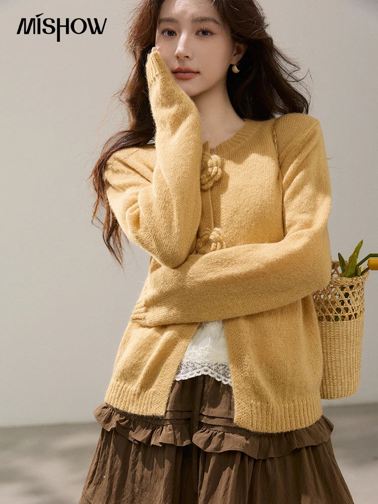 MISHOW Women's Flower Decor Mohair Fork Knit Cardigan 2026 Spring Crew Neck Long Sleeve Tops Casual Solid Sweater MXF15Z3051
