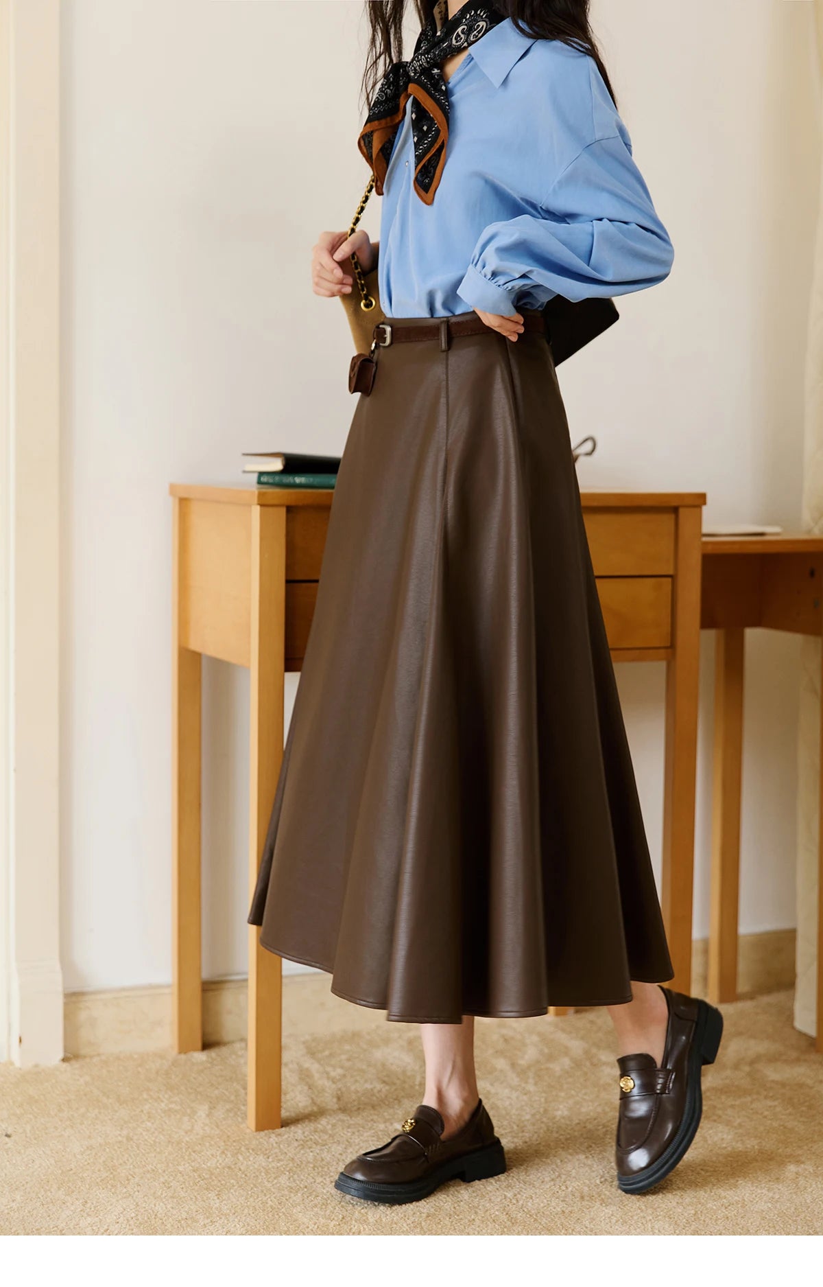 MISHOW PU Leather Skirt for Women 2025 Autumn High Waist A-line Skirt Retro Coffee Versatile Skirts Excluding Belt MXE45B2412