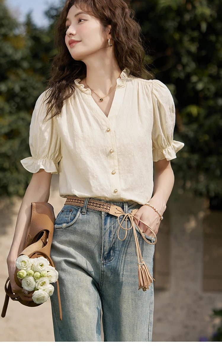 MISHOW Suspender Denim Dress Paired Blouse Separately 2024 Summer V Neck Puff Sleeve Top Back Elastic Waist Dress MXD21L1664