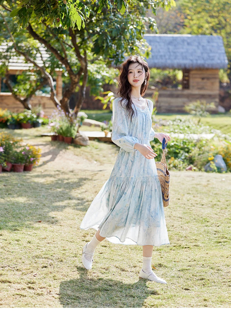 MISHOW Printed Blue Blending Chiffon Vacation Dress Spring 2025 Drawstring Waist Long Dress Lantern Sleeve Dresses MXE16L2114