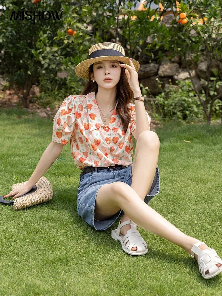 MISHOW Korean Floral Blouse Polo-Neck Puff Sleeve MXB27C0450