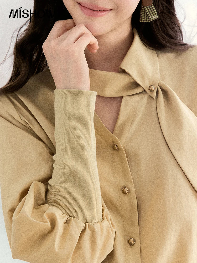 MISHOW Women's Tie Neck Shirts Spring Hollow-out Knitted Patchwork Puff Sleeve Tops Casual Elegant Shirt Office Lady MXF108C0812