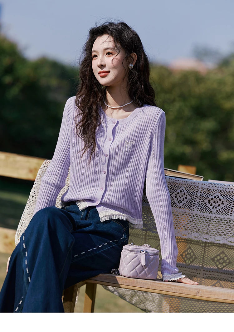 MISHOW Macaron Knitted Tops 2025 Spring Hollow Hook Flower Lace Splicing Tops Bow Embroidery O-neck Long Sleeve Tees MXE16Z1211