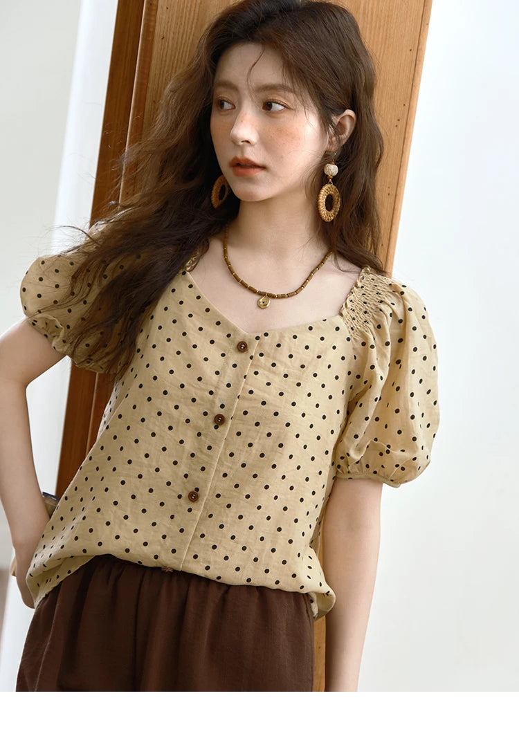MISHOW Women's Polka Dot Puff Sleeve Blouse 2025 Summer New Ladies Button Retro Sweet V-neck Top Women's Clothing MXE37X1859