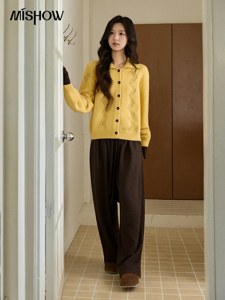 MISHOW Women's Hollow Pattern Knitted Cardigan 2025 Winter Yellow Lapel Single Breasted Sweater Loose Pullover Tops MXE94Z2961
