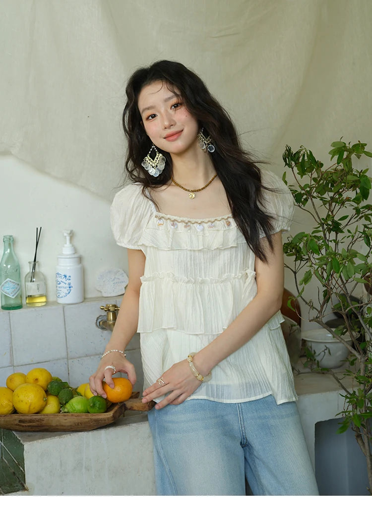 MISHOW Female Fashion Square Collar Loose Blouse 2025 Summer New Commute Puff Sleeve Tierred Top Women's Clothing MXE33X1763