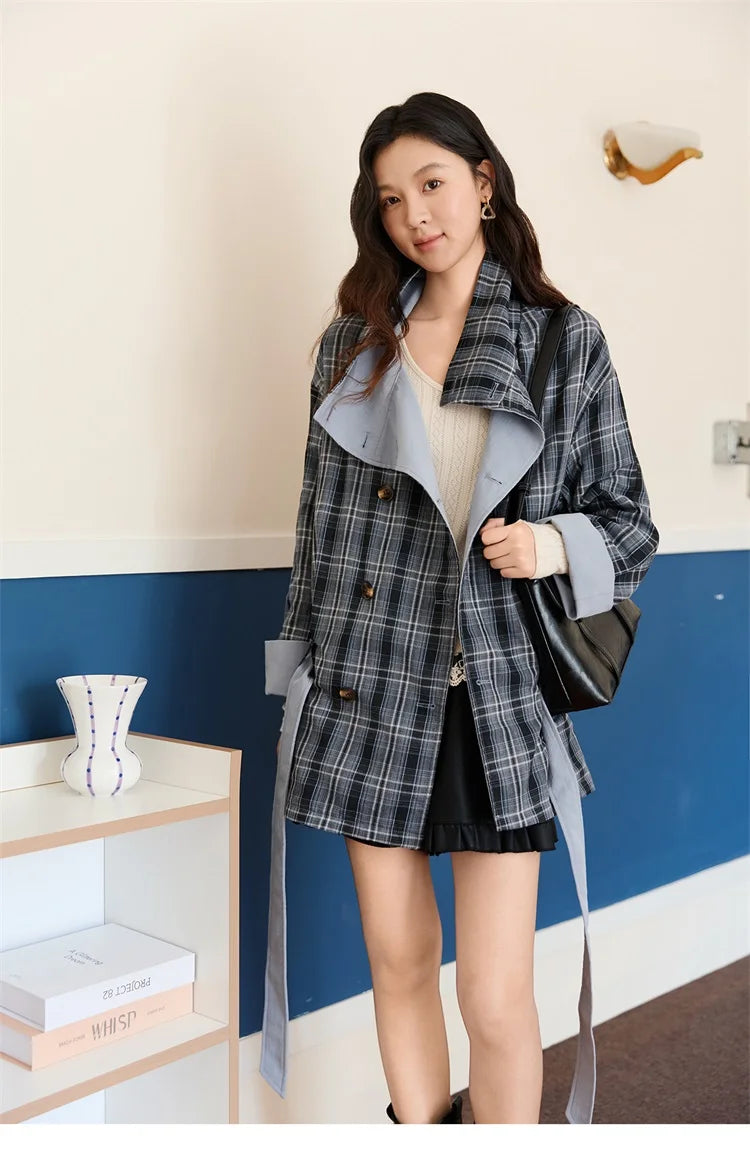 MISHOW Two Sided Outerwear Trench for Women Autumn Winter 2025 Blue Plaid Patchwork Diagonal Placket Belt Trench MXE48W0871