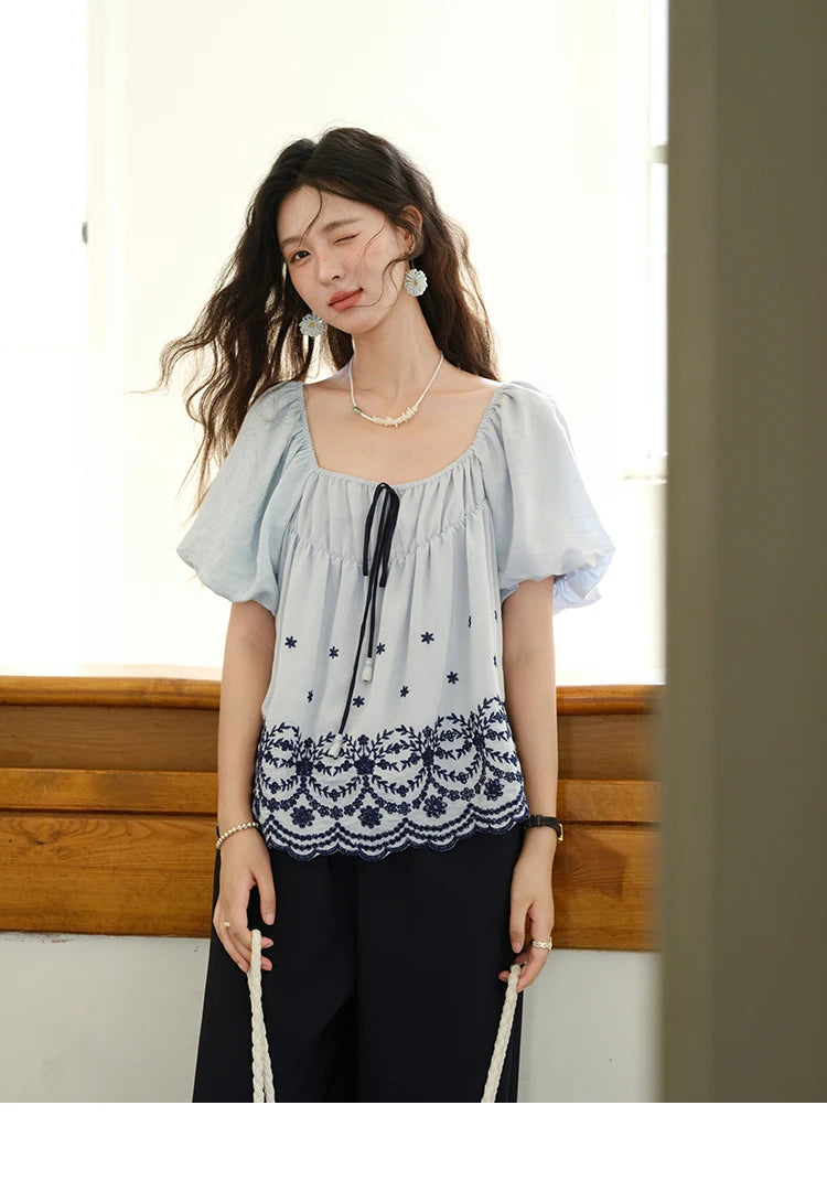 MISHOW Women's Summer Loose Print Blouse 2025 New Fashion Square Neck Lace Up Puff Sleeve Blue Blouse Female Clothing MXE36X1799