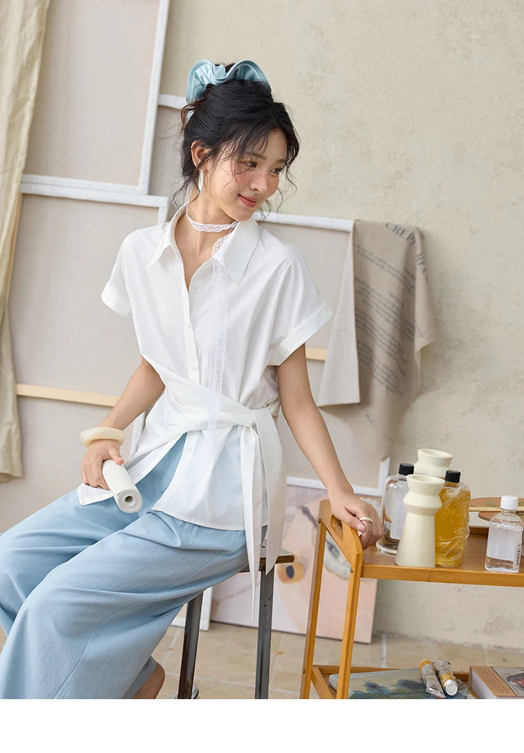 MISHOW Sea Salt Blue Wide Leg Pants 2025 Summer Contrasting Bead Belt Cotton Blend Trousers Slim Commuting Pants MXE35K0931