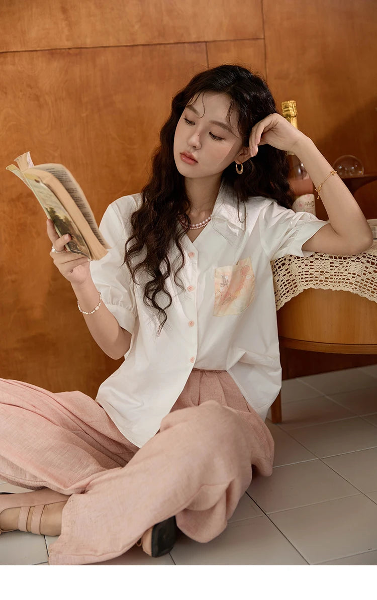 MISHOW Women's 100 Cotton Short Sleeved Shirt Loose 2025 Summer Embroidered Pocket Top Polo Neck Puff Sleeve Shirts MXD26C0243