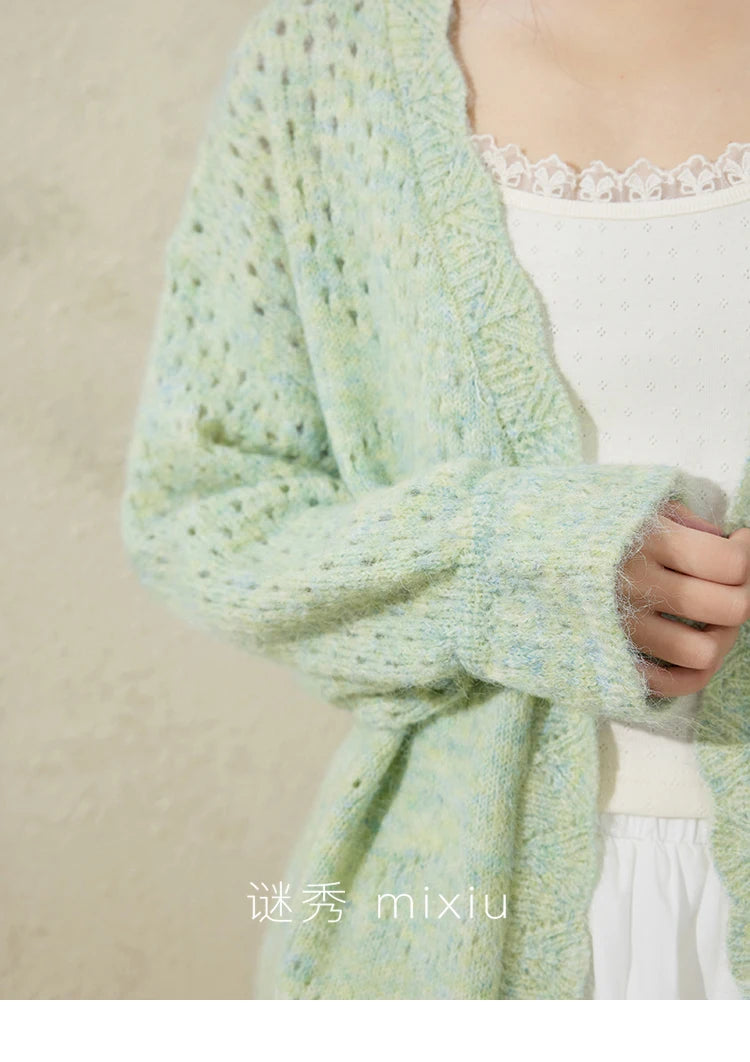 MISHOW Green Knitted Cardigan for Women Spring 2025 Loose Hollow Out Wave Neck Commuting Slim Open Stitch Cardigan MXE12Z1212