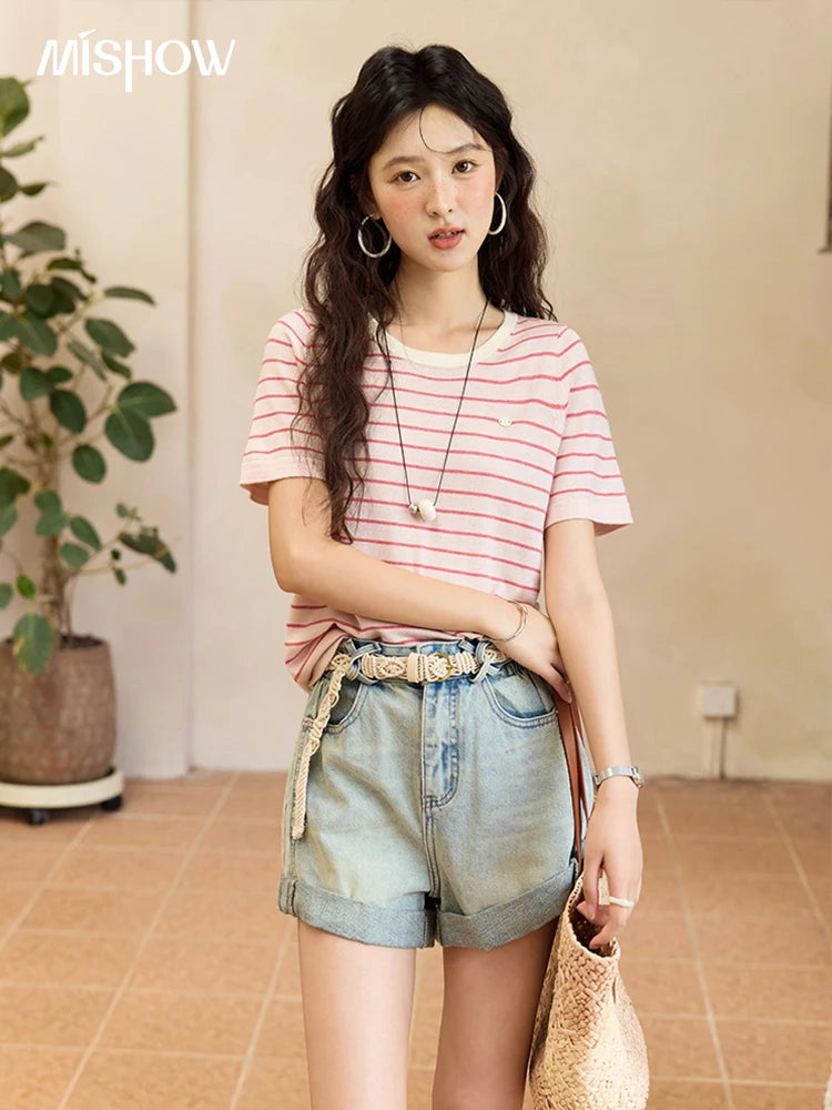MISHOW Retro Light Blue Denim Shorts for Women Summer 2025 Fashion High Waist Washed Button Zipper Wide Leg Shorts MXE35K0944
