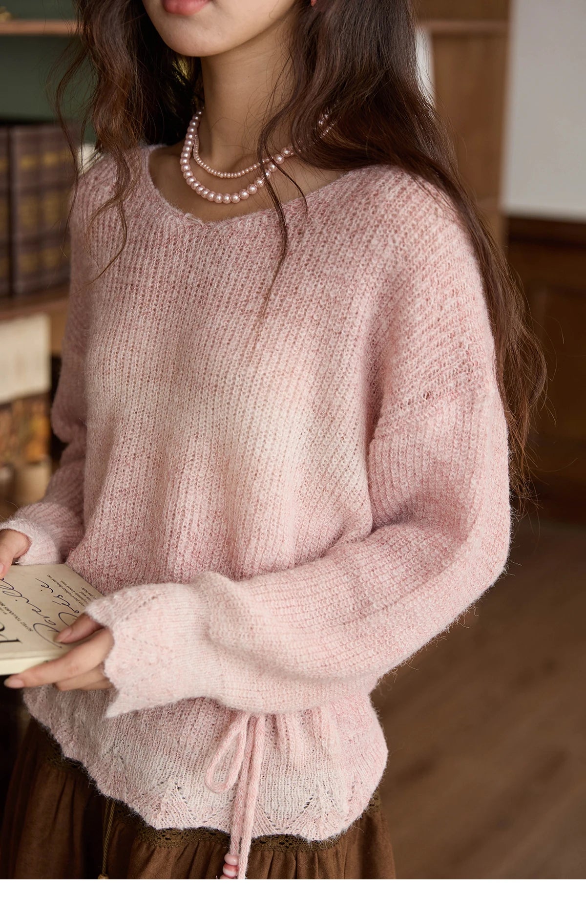 MISHOW Women's Pink Gradient Knitted Top 2025 Autumn French Wool Blend Ribbed Cuff Long Sleeve Tops with Knitted Rope MXE43Z1334