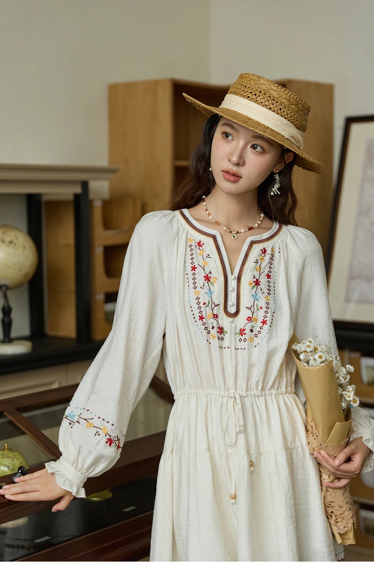 MISHOW Woman Long Sleeve Dress Autumn Elegant V-neck Embroidered Drawstring Waist Dress A-line Bohemian Midi Dresses MXE44L2489