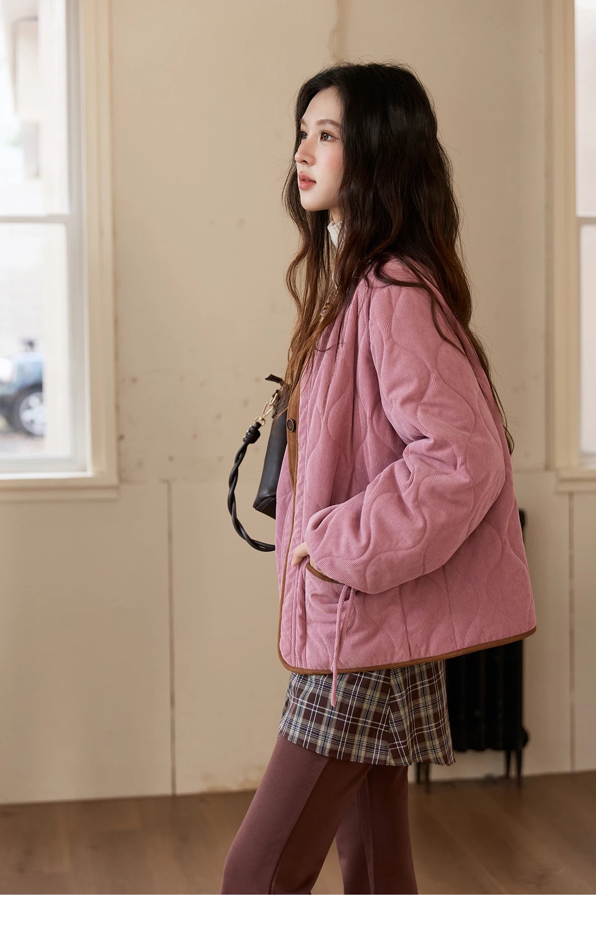 MISHOW Pink Purple Corduroy Jacket Women 2025 Winter Retro Gourd Pattern Pleated Cotton Splicing Suede Jacket Top MXE88W0882