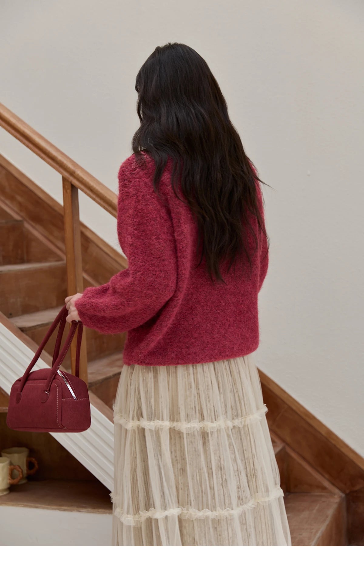 MISHOW Pink Lace Wool Sweater for Woman 2025 Winter Sweet Style V-neck Pullover Casual Loose Lantern Sleeve Sweater MXE51Z2632