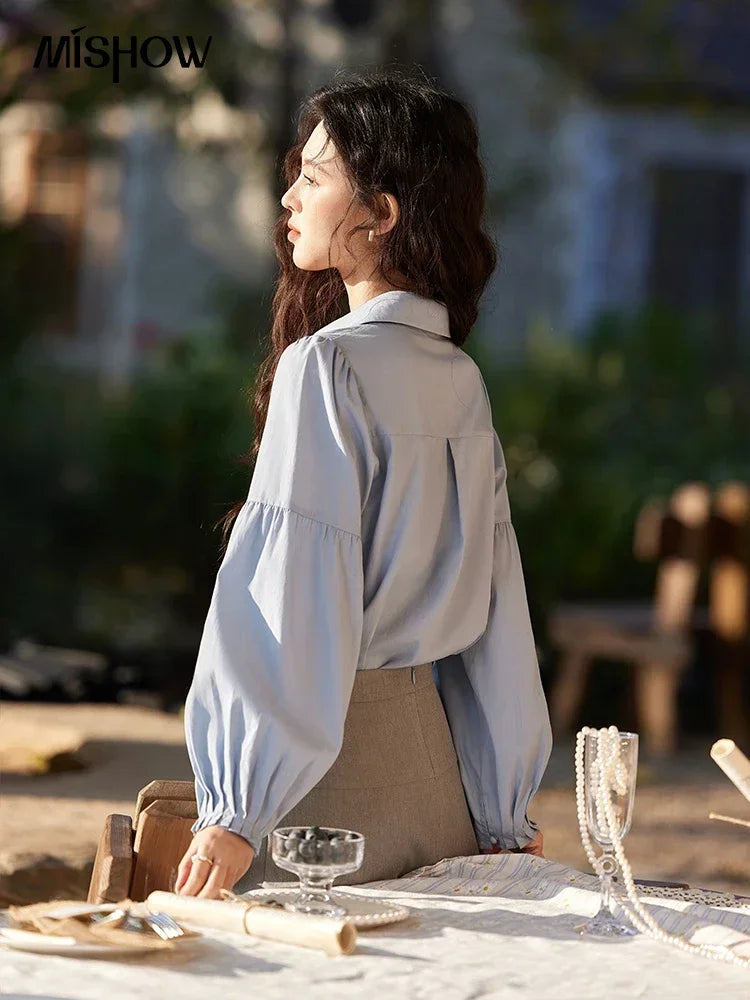 MISHOW French Polo Neck Long Sleeve Shirt Women's Spring Summer 2025 Elegant Sweet Cute Casual Tops Solid Shirts MXE11C0388