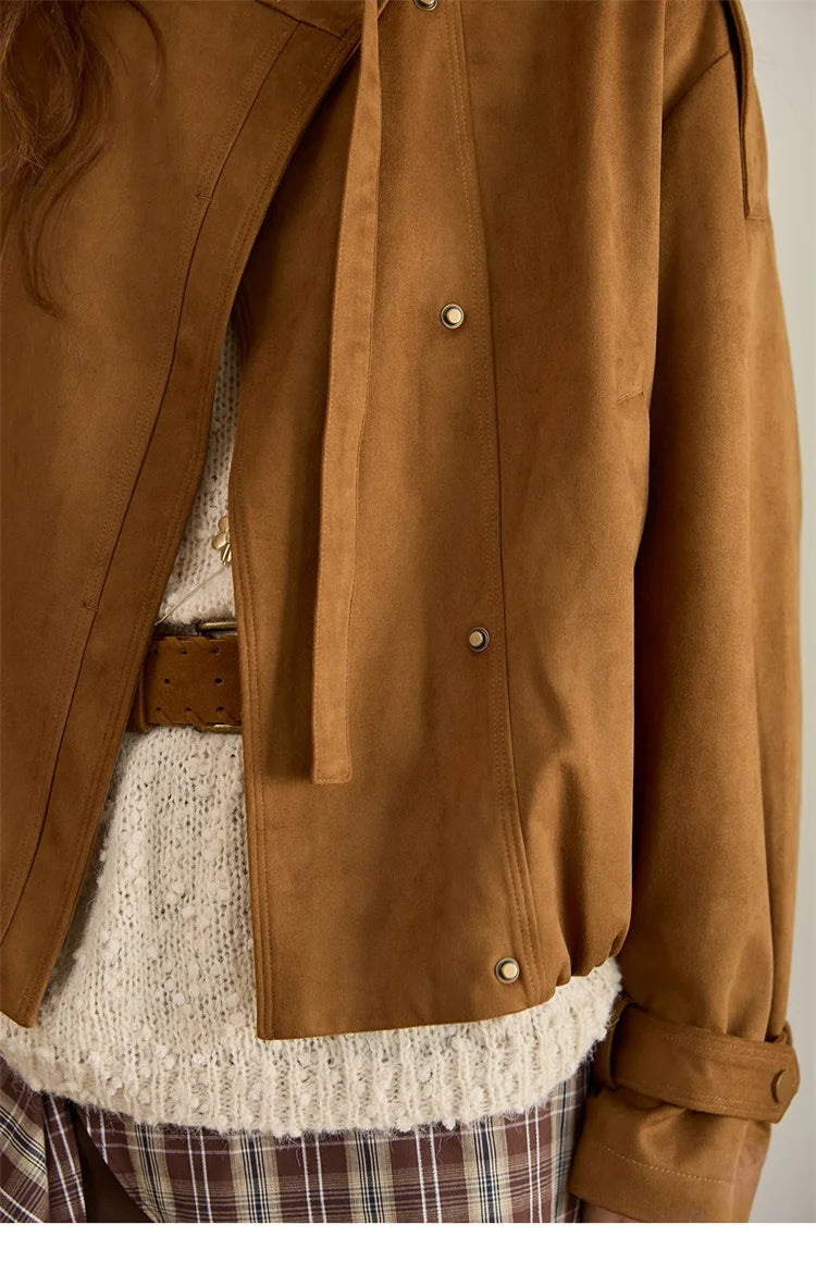 MISHOW Vintage Suede Short Jacket Brown Lapel Zipper MXE45W0869