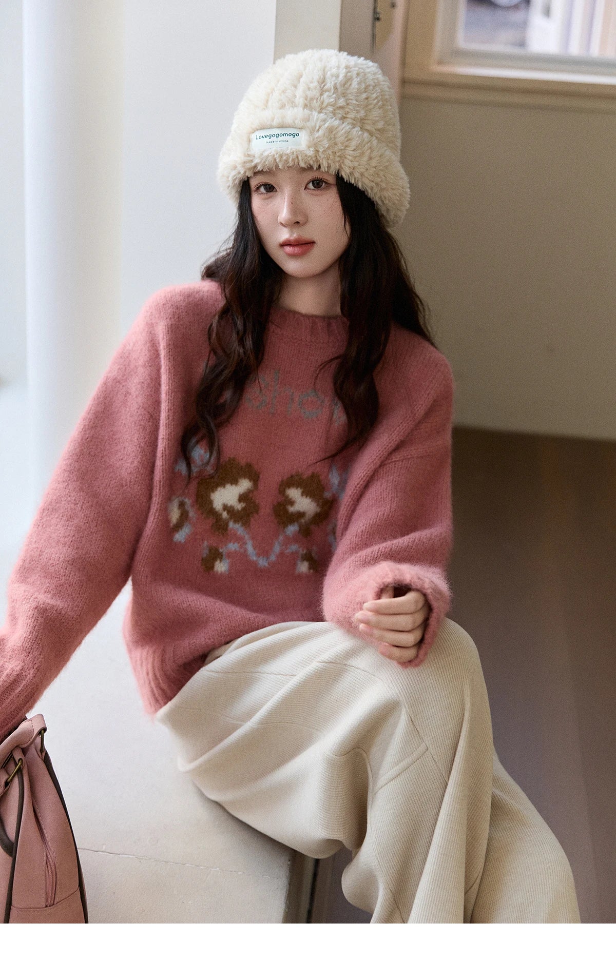 Mishow Pink Jacquard Crew Neck Pullover MXE91Z2831