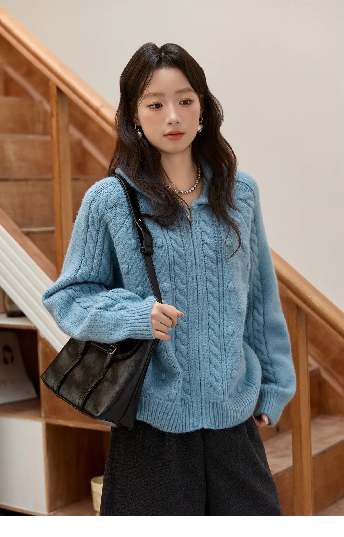 MISHOW Zipper Knit Cardigan Women 2025 Winter Yellow Turn-down Collar Loose Thick Sweater Luxury Comfort Casual Top MXE49Z2619