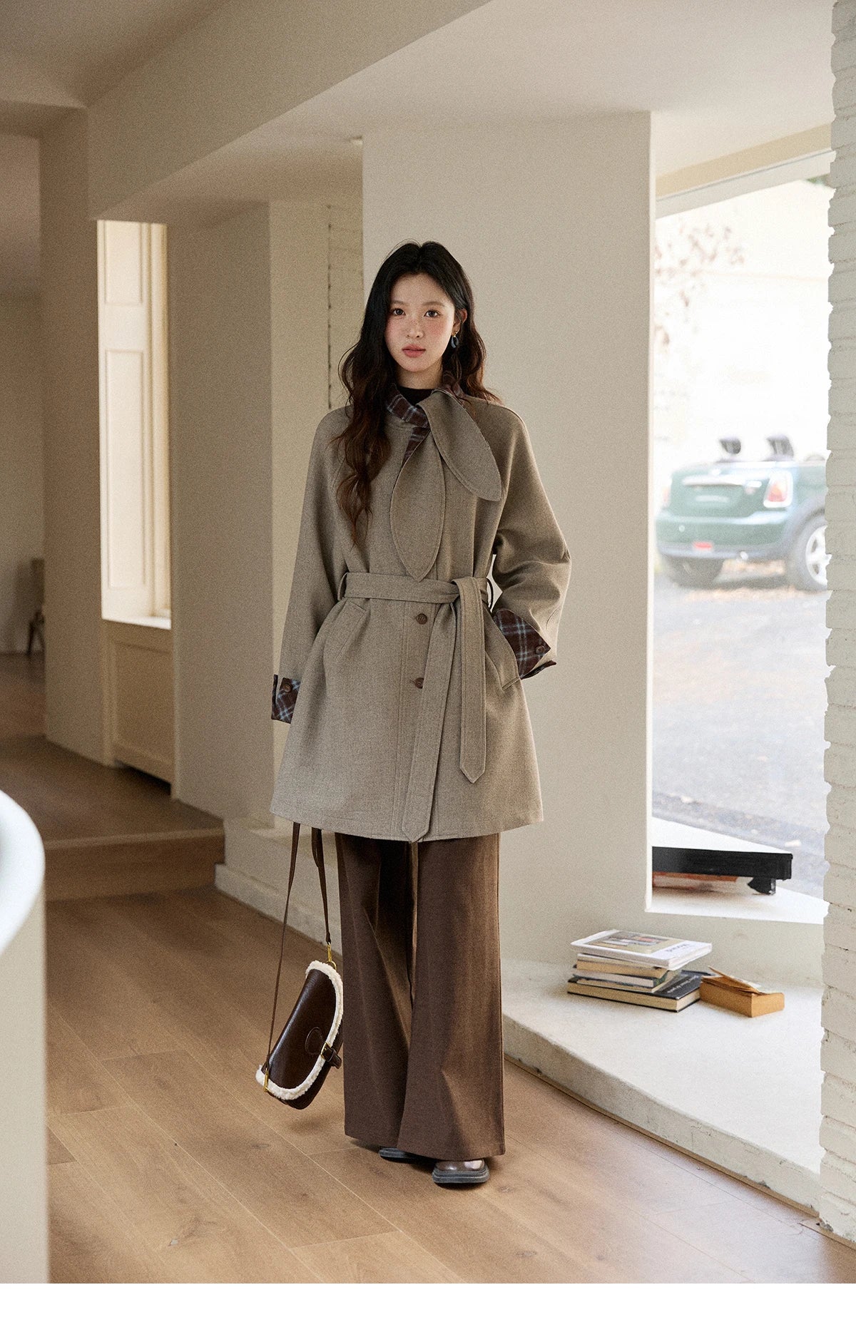 MISHOW Retro British Plaid Patchwork Woolen Coat Winter 2025 Rabbit Ear Tie Collar Waist Cinching Belt Woolen Coats MXE90W0924