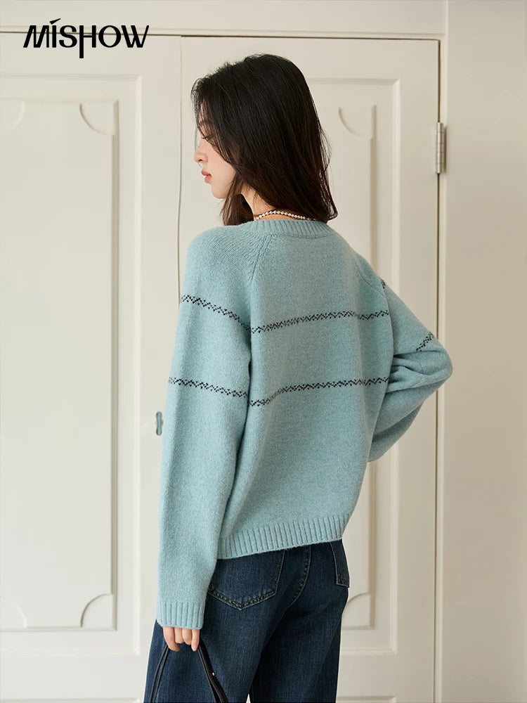 MISHOW Women Cardigan Long Sleeve 2025 Autumn Winter Flower Embroidered Knitted Cardigan Commute Loose Blue Knit Top MXE46Z2581