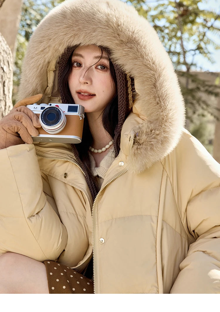 MISHOW White Duck Down Coat Hooded Long Removable Fox Fur Collar Down Jacket Zipper Design Warm Wind Resistance Coat MXD55Y0052