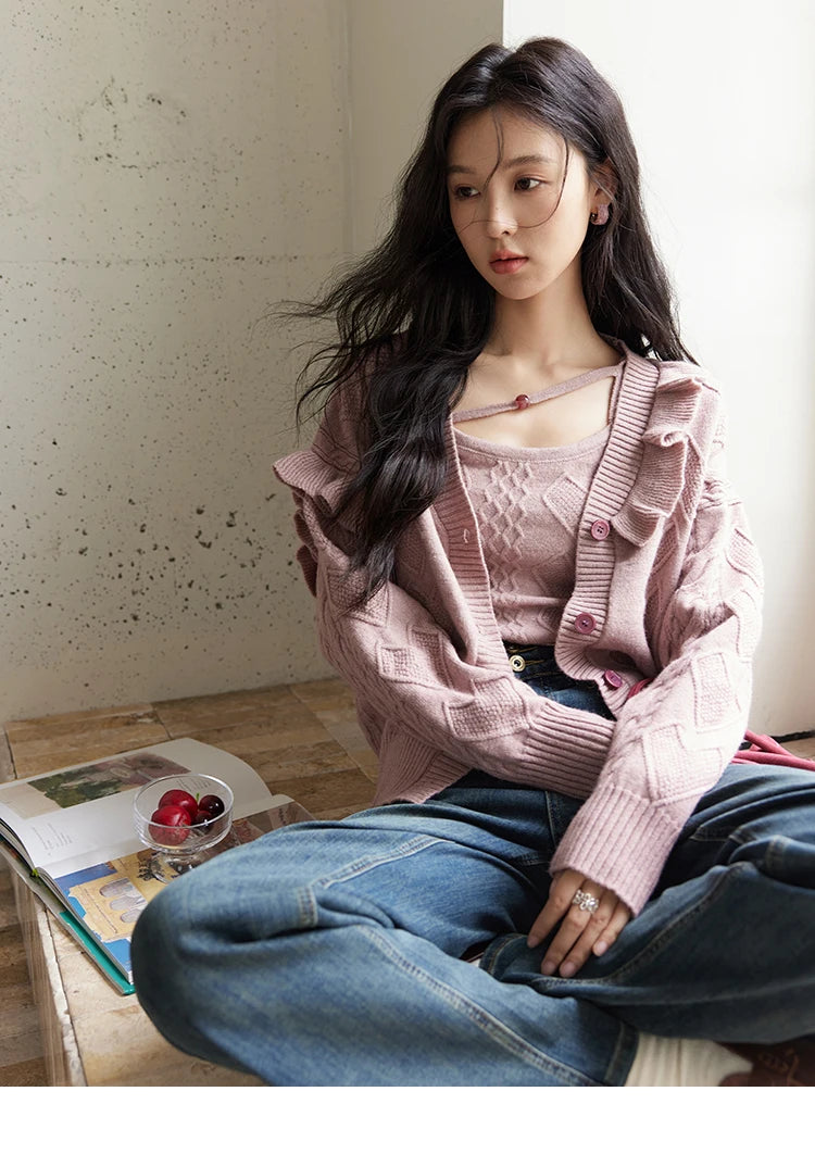 MISHOW Pink Knitwear Camisole Cardigan Separately 2024 Fall Fashion Sweet Knitted Vest Asymmetric Flounce Sweaters MXD45Z0781