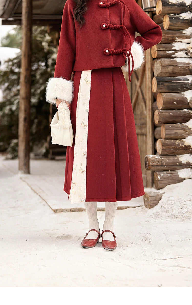 MISHOW Tweed Jacket Midi Skirts Separately Removable Fur Collar Frog Short Coat Cotton Clip A-LINE Pleated Skirt MXD59W0609