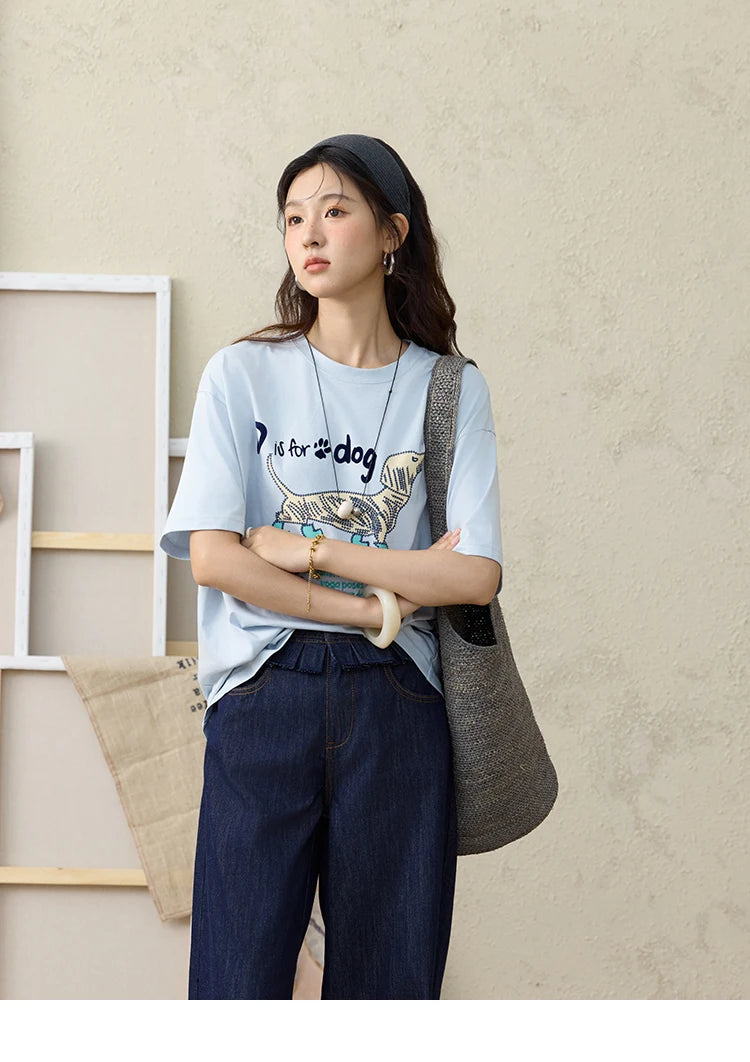 MISHOW Print Summer T-shirts Women 2025 Short Sleeve Round Neck Flocked Puppy Loose Shirt Female Casual Versatile Top MXE33T0542