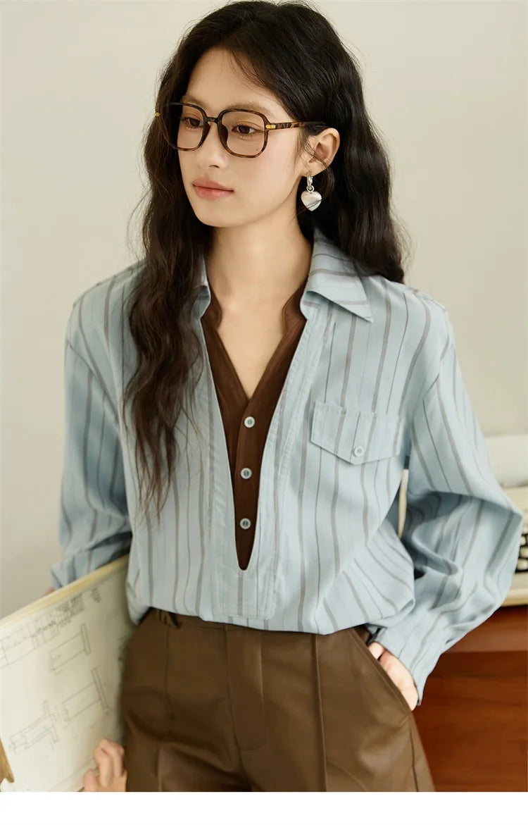 MISHOW Peach Skin Velvet Stripe Shirt for Women Autumn 2025 Double Layered Collar Contrasting Color Shirt Commute Top MXE47C2408