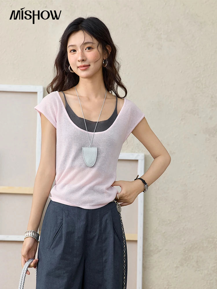 MISHOW Women's Linen Short Sleeve T-shirt 2025 Summer Contrast Color Fake Two-piece Knitted Top Thin Cool Casual Tees MXE36Z1277