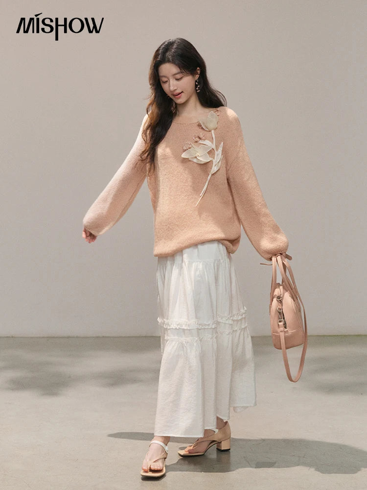 MISHOW 3D Floral Applique Crew Neck Knit Thin Sweater 2026 Spring Loose Casual Elegant Top Soft Pinkish Beige Sweater MXE47Z2649