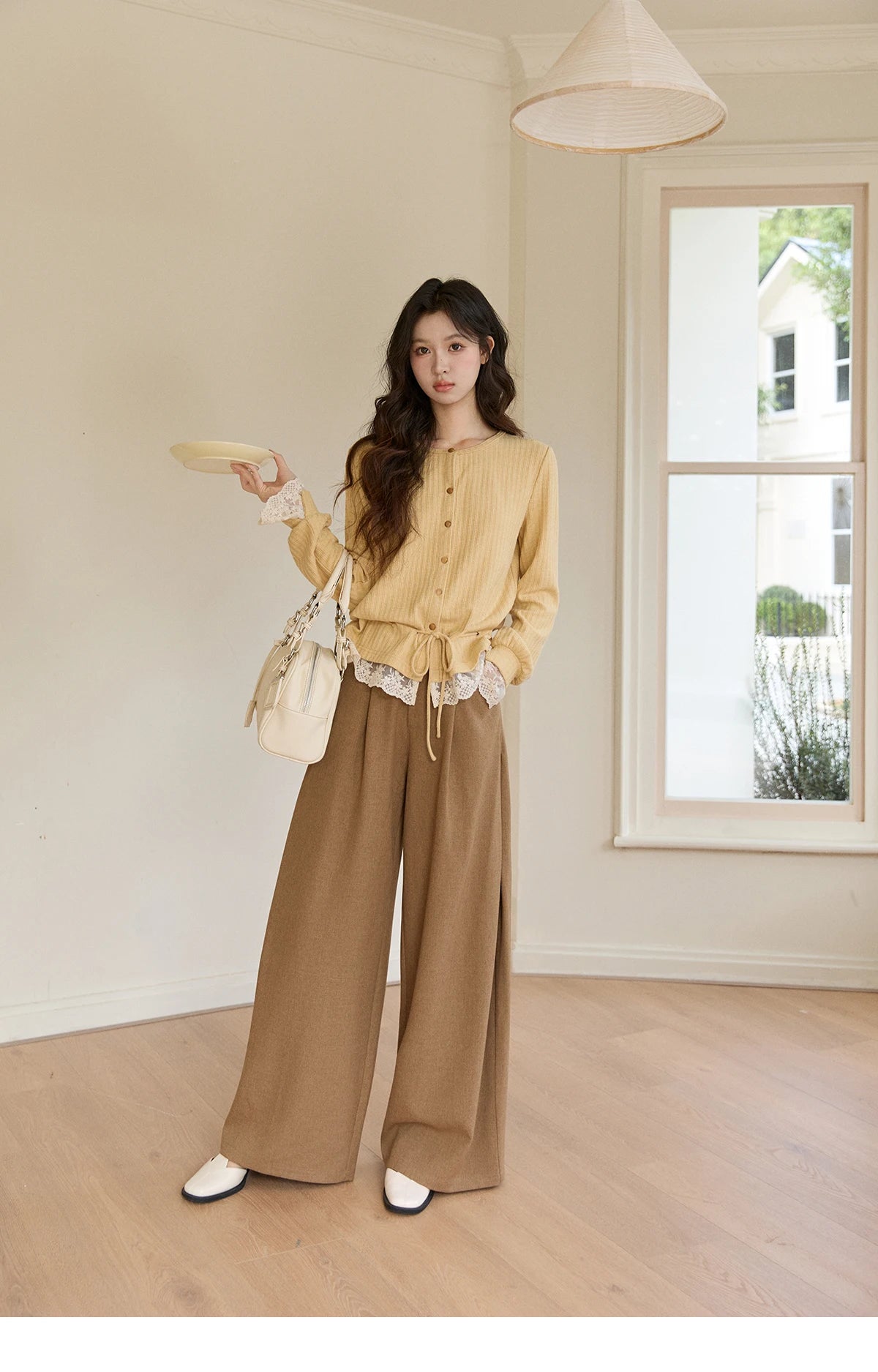 MISHOW Women's Yellow Ribbed Cardigan Spring Lace Trim Drawstring Waist Thin Knitted Sweater Long Sleeve Casual Top MXF11Z2919