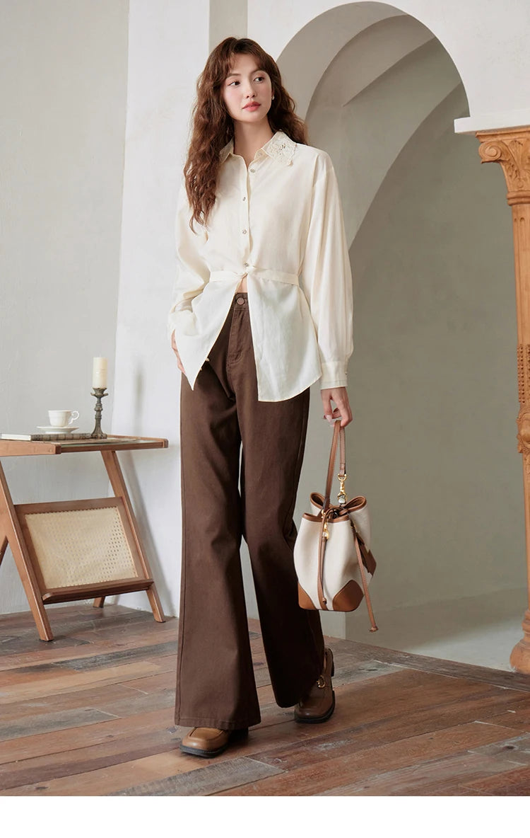 MISHOW Women's Casual Loose Shirt 2023 Autumn Turn-down Collar Embroidery Hollowed Out Single Breasted Mid Length Top MXC41C0077