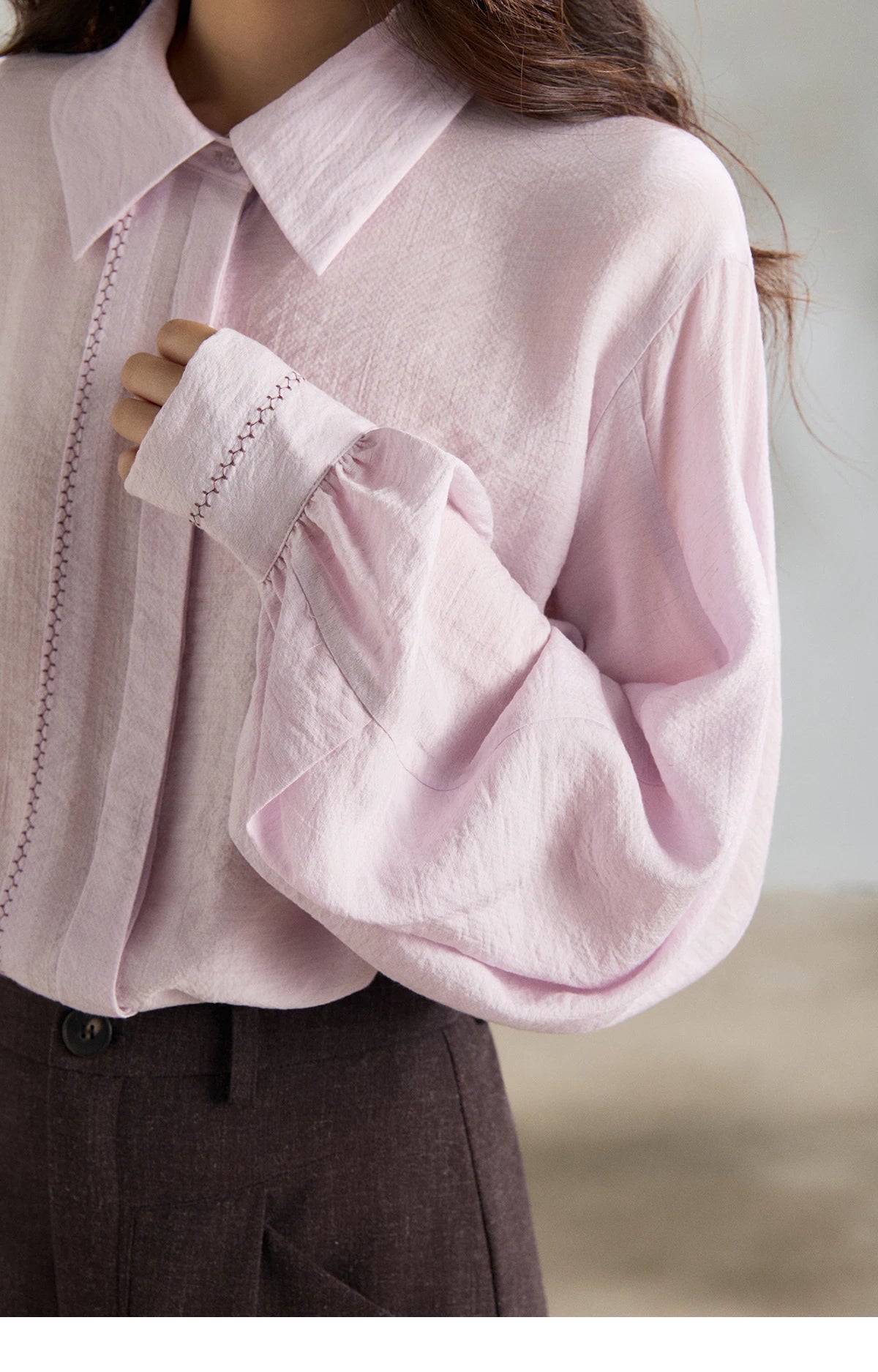 MISHOW Women's Lapel Lantern Sleeve Shirts 2026 Spring Lace Trim Casual Loose Breathable Solid Shirt Office Lady MXF13C2436