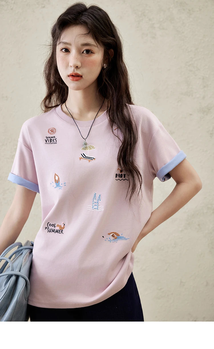 MISHOW Embroidered Casual T-shirt for Women Summer 2025 Short Sleeve Round Neck Shirts Female New Fashion Tops Lady MXE16T0506