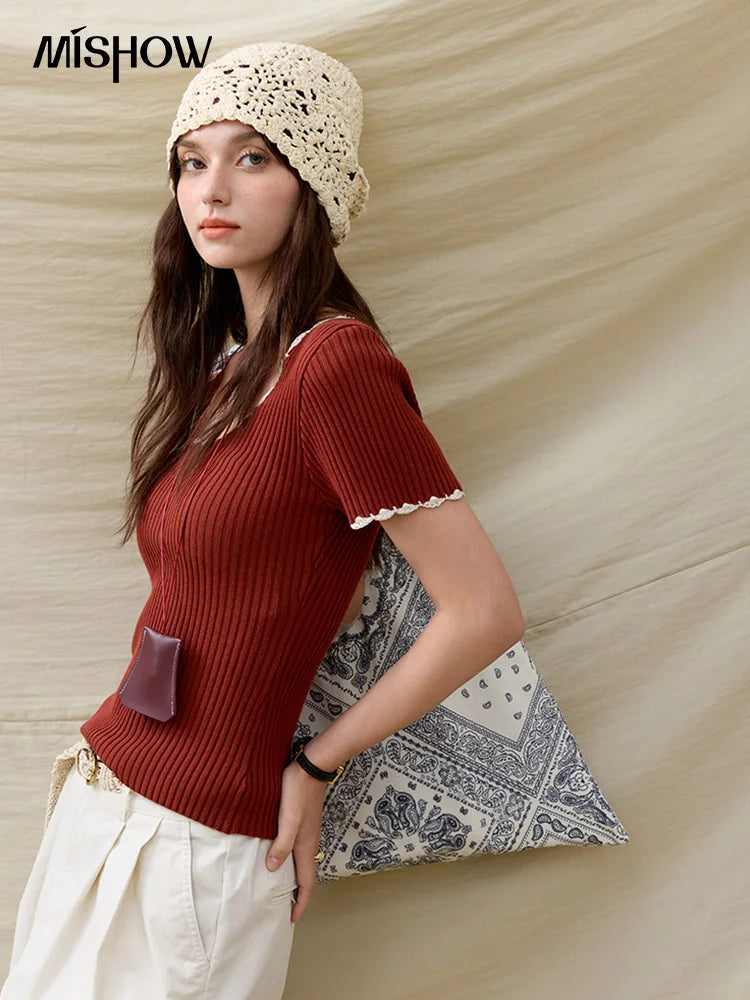 MISHOW Office Lady Summer Sweater Women 2025 New Solid Short Sleeve Lace Collar Contrast Color Hook Design Tops Slim MXE33Z1218