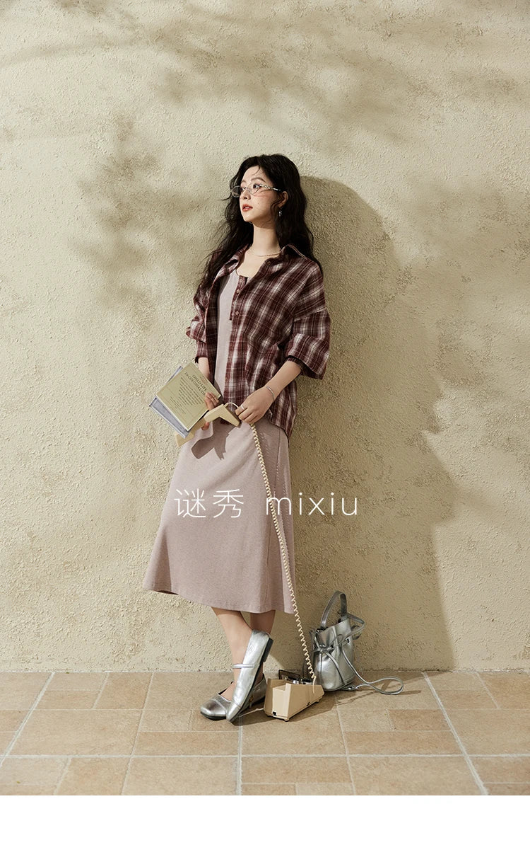 MISHOW Women's Plaid Shirt Grey Vest Dress Separately Spring Lapel Collar Shirt U-neck Sleeveless Dresses (Not A Set) MXE13L2093