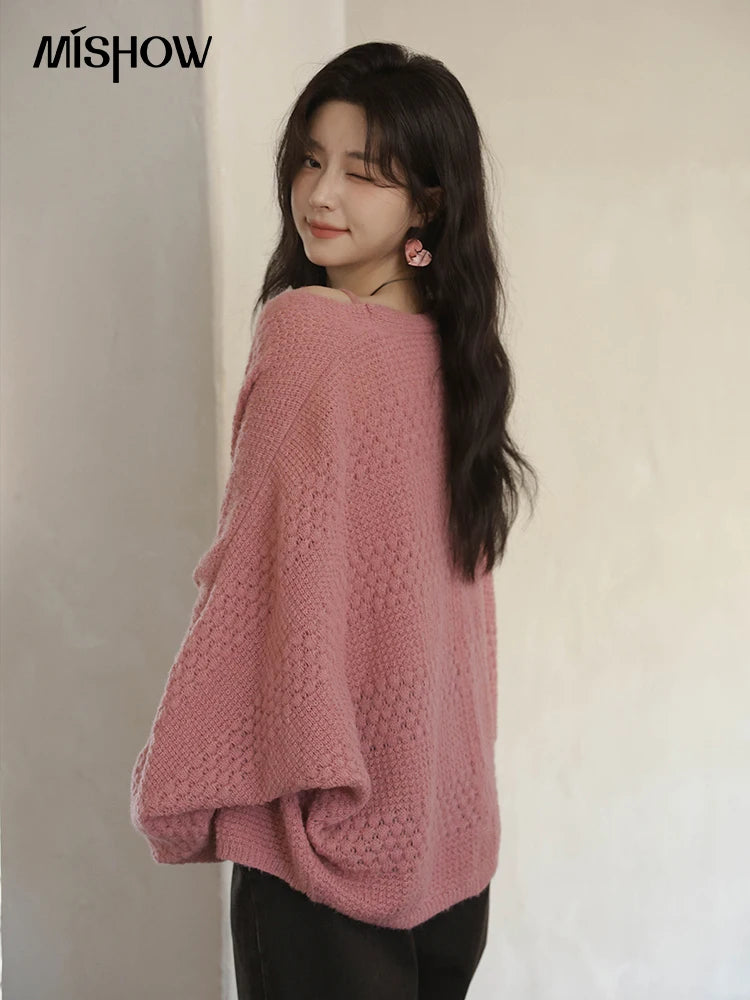 MISHOW Women's Pink Knit Two-Piece Set 2025 Autumn Sweet Long Sleeves Cardigan with Vest Casual Women's Clothes Set MXE44T0737