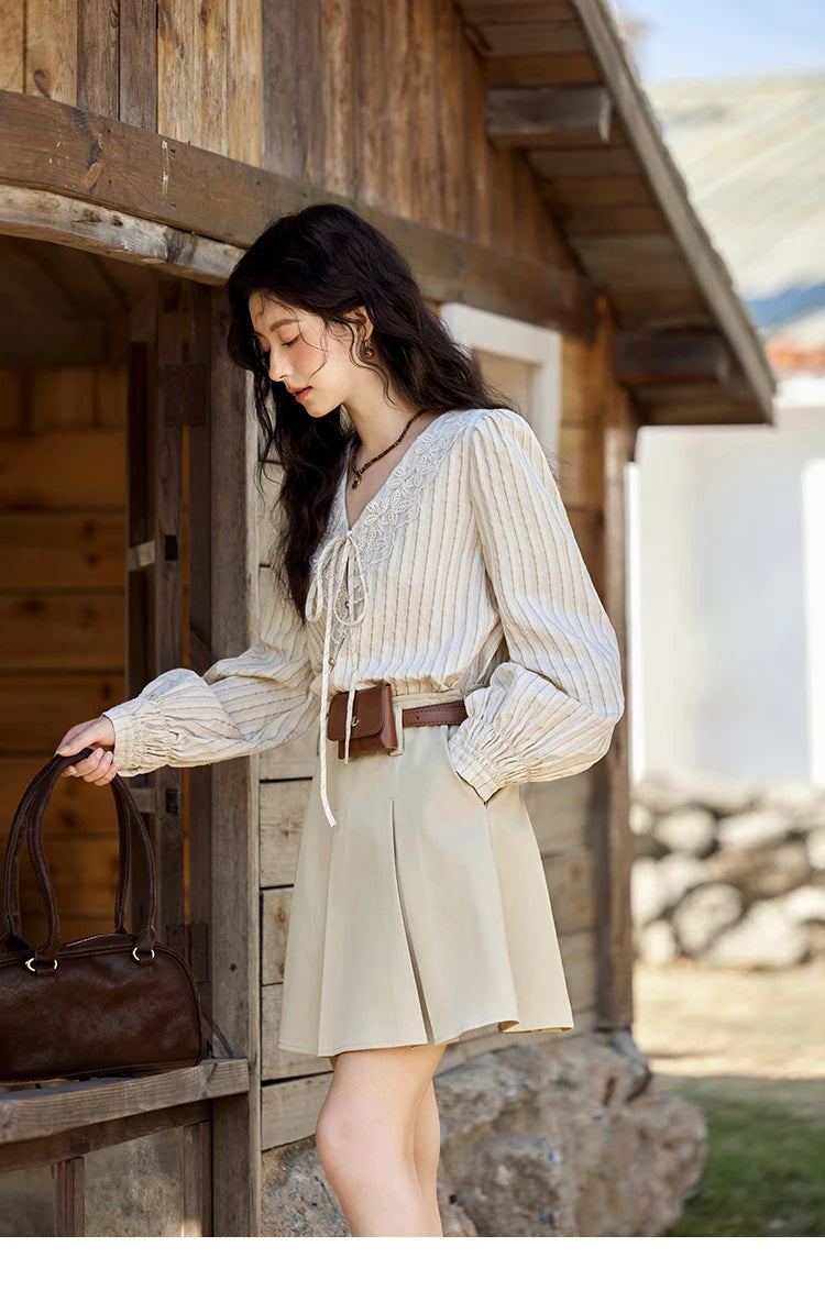 MISHOW French Retro V-neck Lace-up Striped Shirt for Women Spring 2025 Embroidered Lace Long Sleeve Top Casual Shirts MXE12X1715