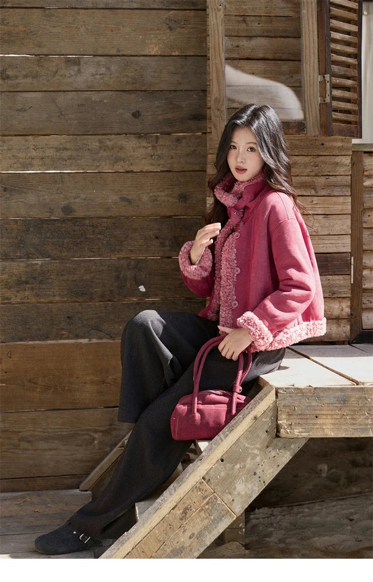 MISHOW Women's Dragon Fruit Red Suede Patchwork Coat 2025 Winter Color Block Stand Collar Thickened Short Outerwear MXE87W0942