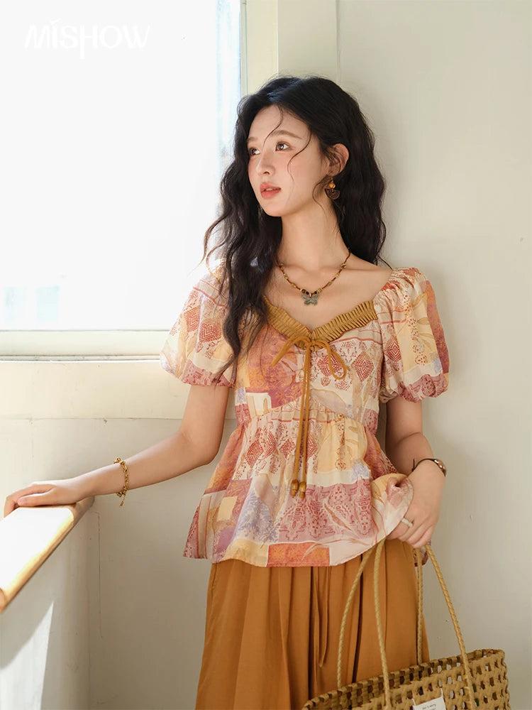 MISHOW V-neck Lace Up Patchwork Blouses for Woman 2025 Summer New Ladies Puff Sleeve Print Loose Top Female Clothing MXE38X1911