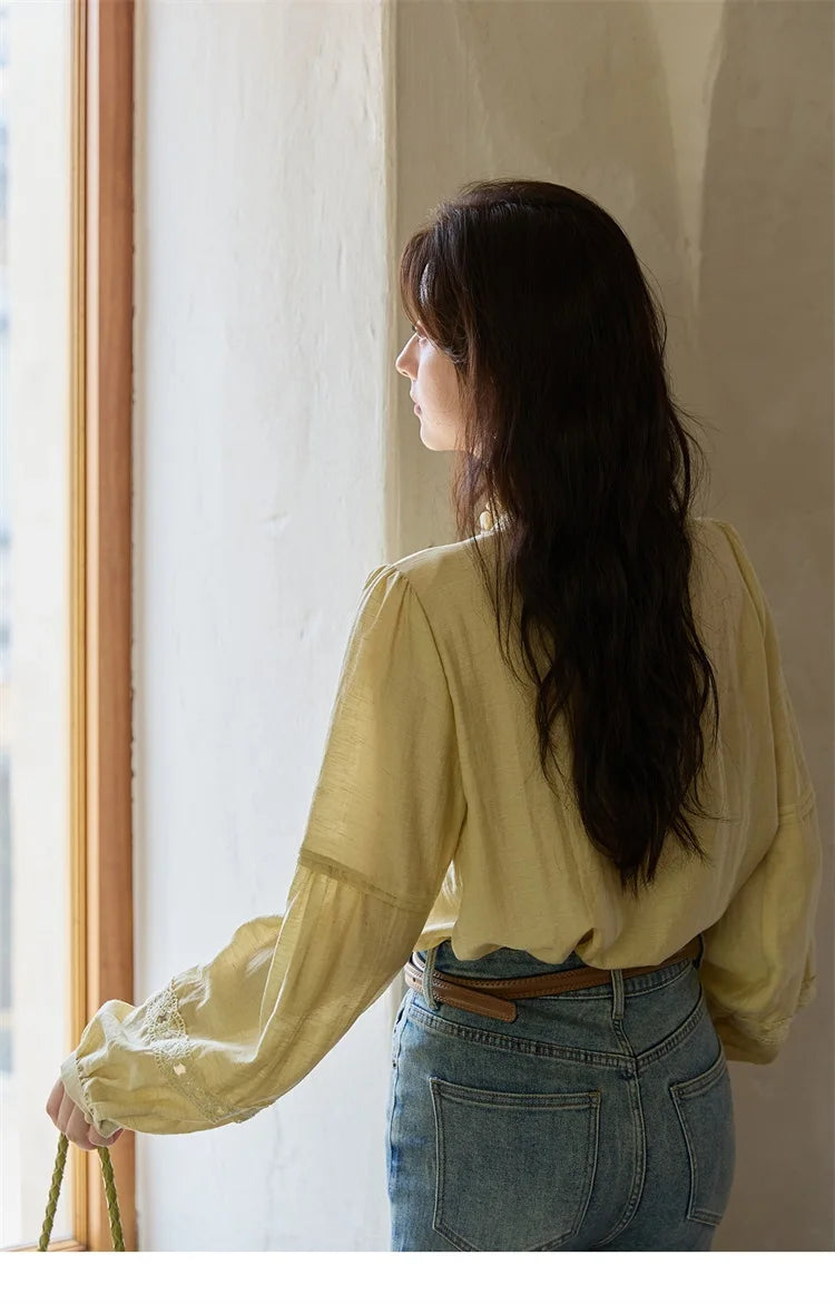MISHOW Light Yellow Linen Solid Shirt 2025 Autumn Splicing Lace Hollow Sleeves Shirts Stand Collar Top Office Lady MXE42X1976