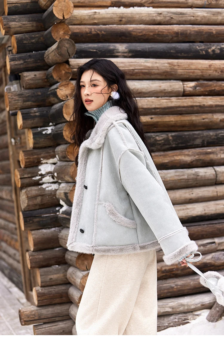 MISHOW Leather Fur Coat Fur Collar with Bag Women Winter Clothes Suede Plush Jacket Pocket Soft Thickened Warm Tops MXD57W0737