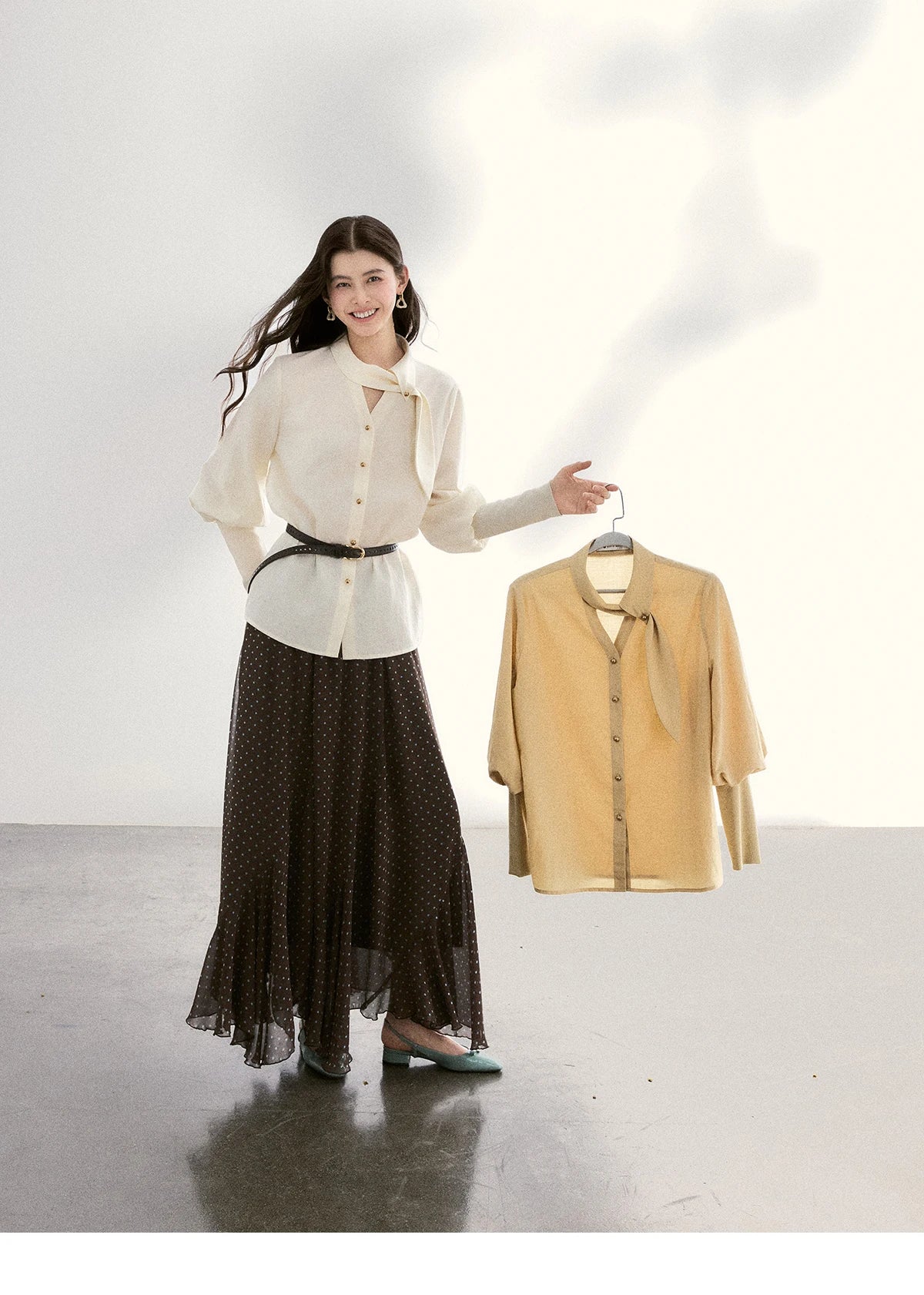 MISHOW Women's Tie Neck Shirts Spring Hollow-out Knitted Patchwork Puff Sleeve Tops Casual Elegant Shirt Office Lady MXF108C0812