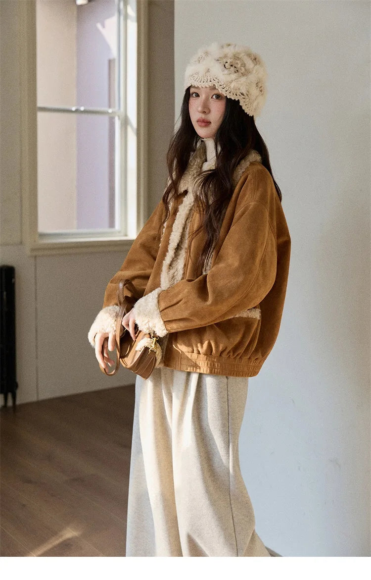 MISHOW Woman Short Jacket 2025 Winter Retro Brown Suede Patchwork Fur Coat Loose Faux Lambswool Turn Down Collar Coat MXE89W0895