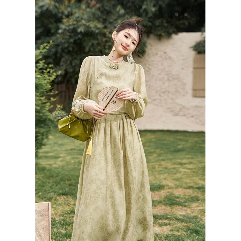 MISHOW Retro Chinese Improved Cheongsam Dress 2024 Spring Chiffon Printing Green Puff Sleeve Stand Neck Waist Dresses MXD14L1767