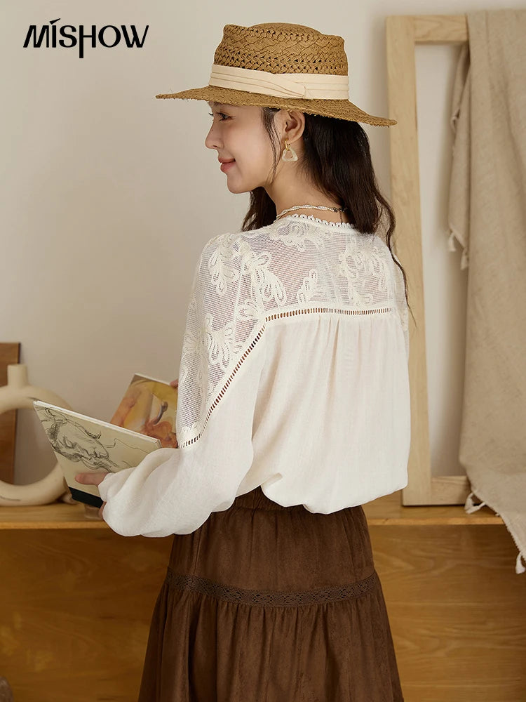 MISHOW Women's Beige Hollow Out Embroidery Shirt Autumn French Elegant Long Sleeve O-Neck Shirts Retro Commute Tops MXE44X2498